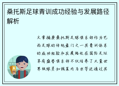 桑托斯足球青训成功经验与发展路径解析